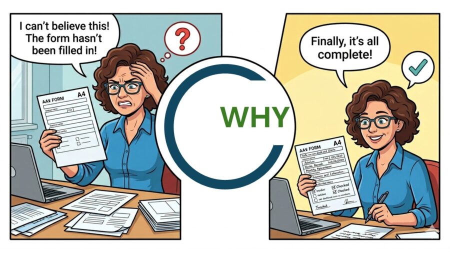 A person with a form which has not been completed, the why it's not been done is asked, the person then has a completed form